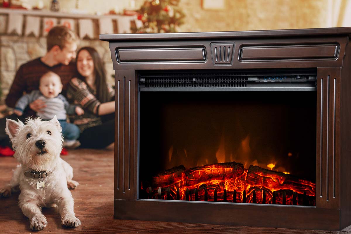 Dog resting by a Heat-n-Glow with family in the background