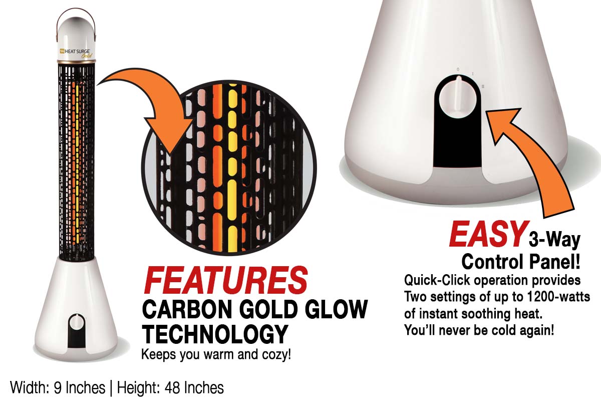 Features Carbon Gold Glow Technology: Keeps you warm and cozy.; Easy 3-way Control Panel, up to 1200-watts of soothing heat. Width: 9in, Height: 48in