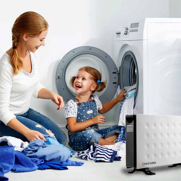 Mother and Daughter sorting laundry with a Power Panel heating the area