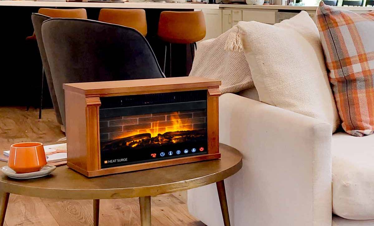 A Multi-Color Mini Glo Widescreen on a side-table next to a living room set