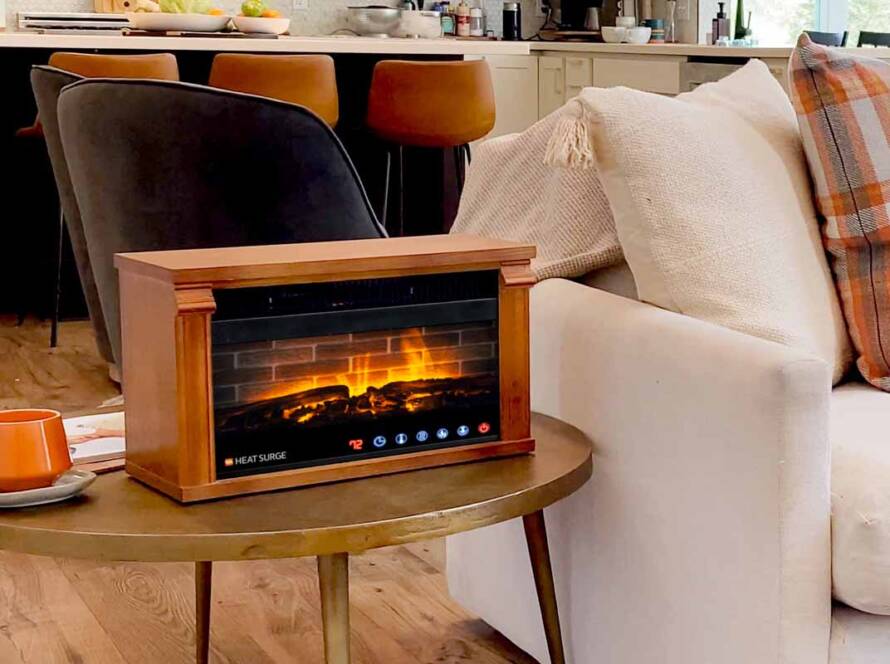 A Multi-Color Mini Glo Widescreen on a side-table next to a living room set