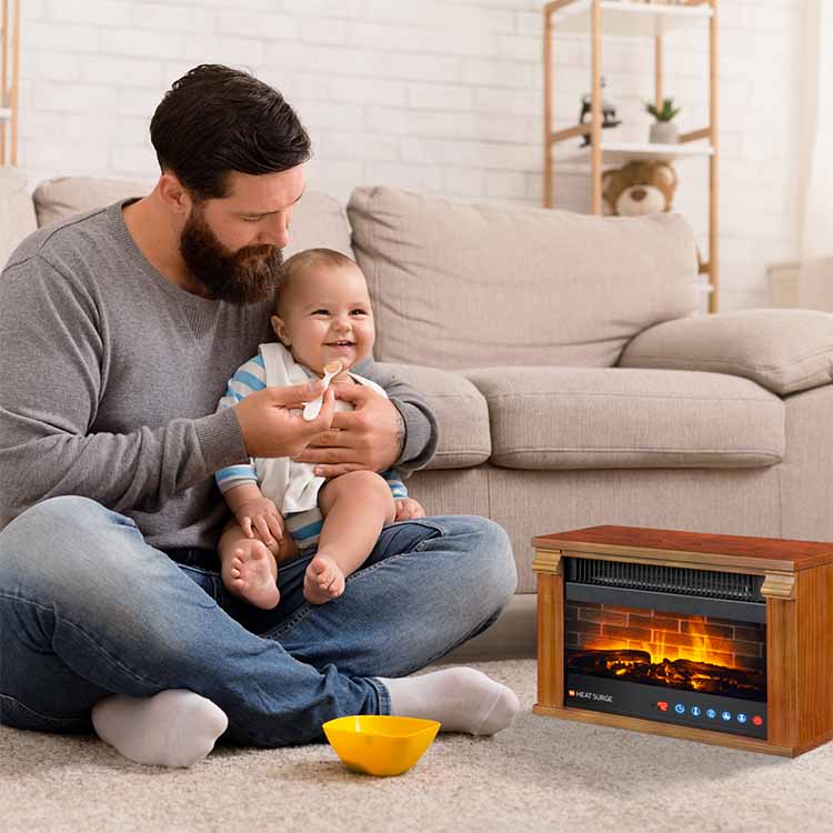 A father feeding a baby with a Multi-Color Mini Glo Widescreen next to them