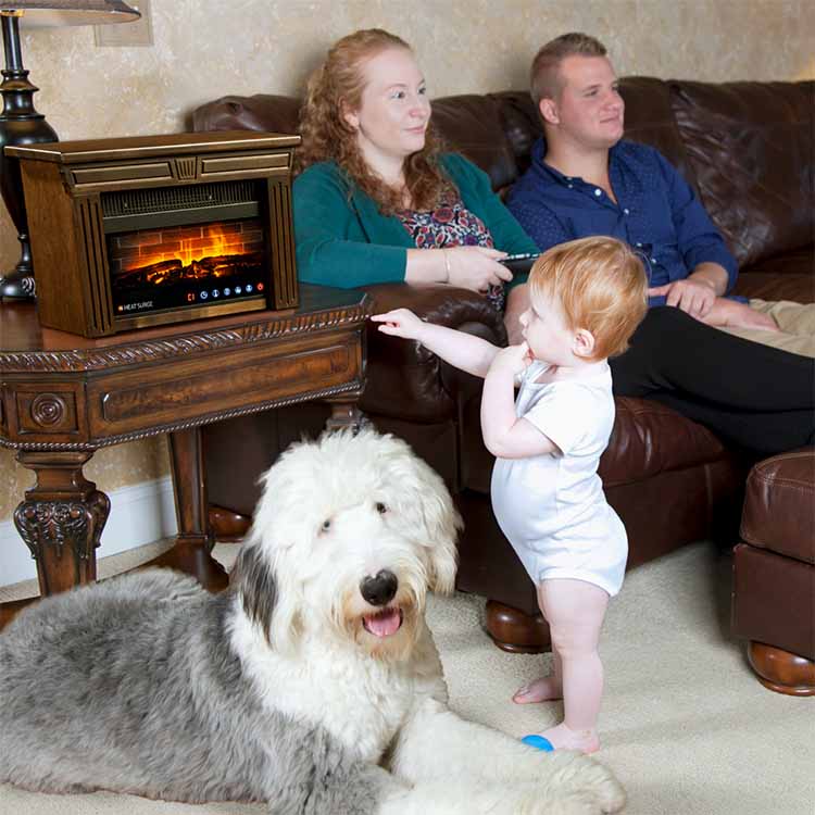 A family with a toddler & a dog with an Amish Multi-Color Mini Glo Widescreen next to them